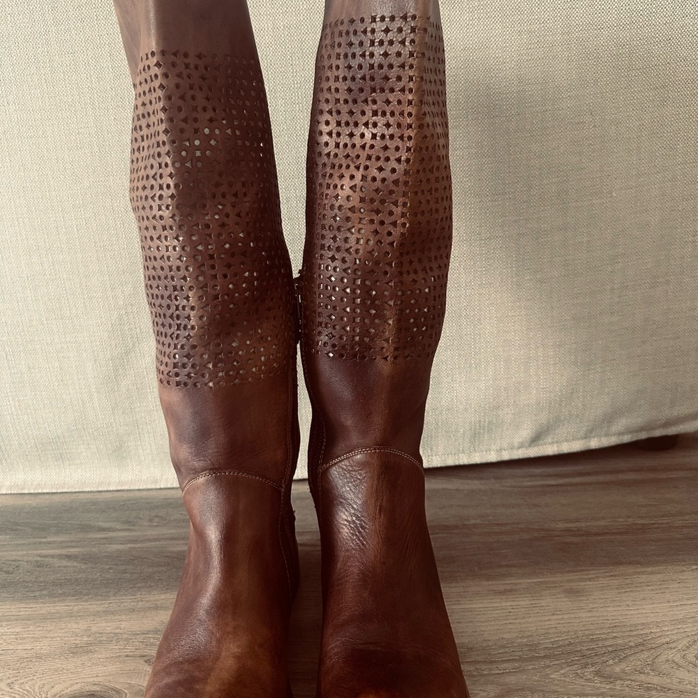 BED|STU Brown Over the Knee Boots with Perforated Design